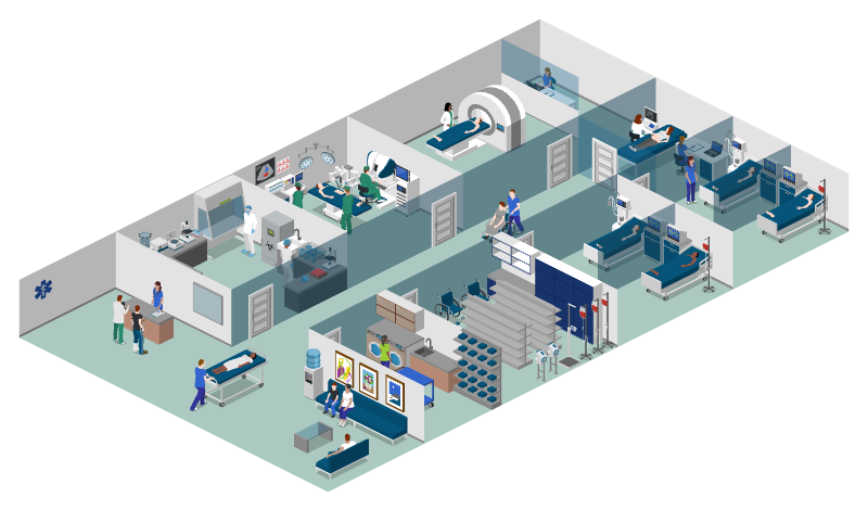 Illustrated hospital floor layout with patient rooms, laboratory, supply storage, clinical equipment and administrative areas.